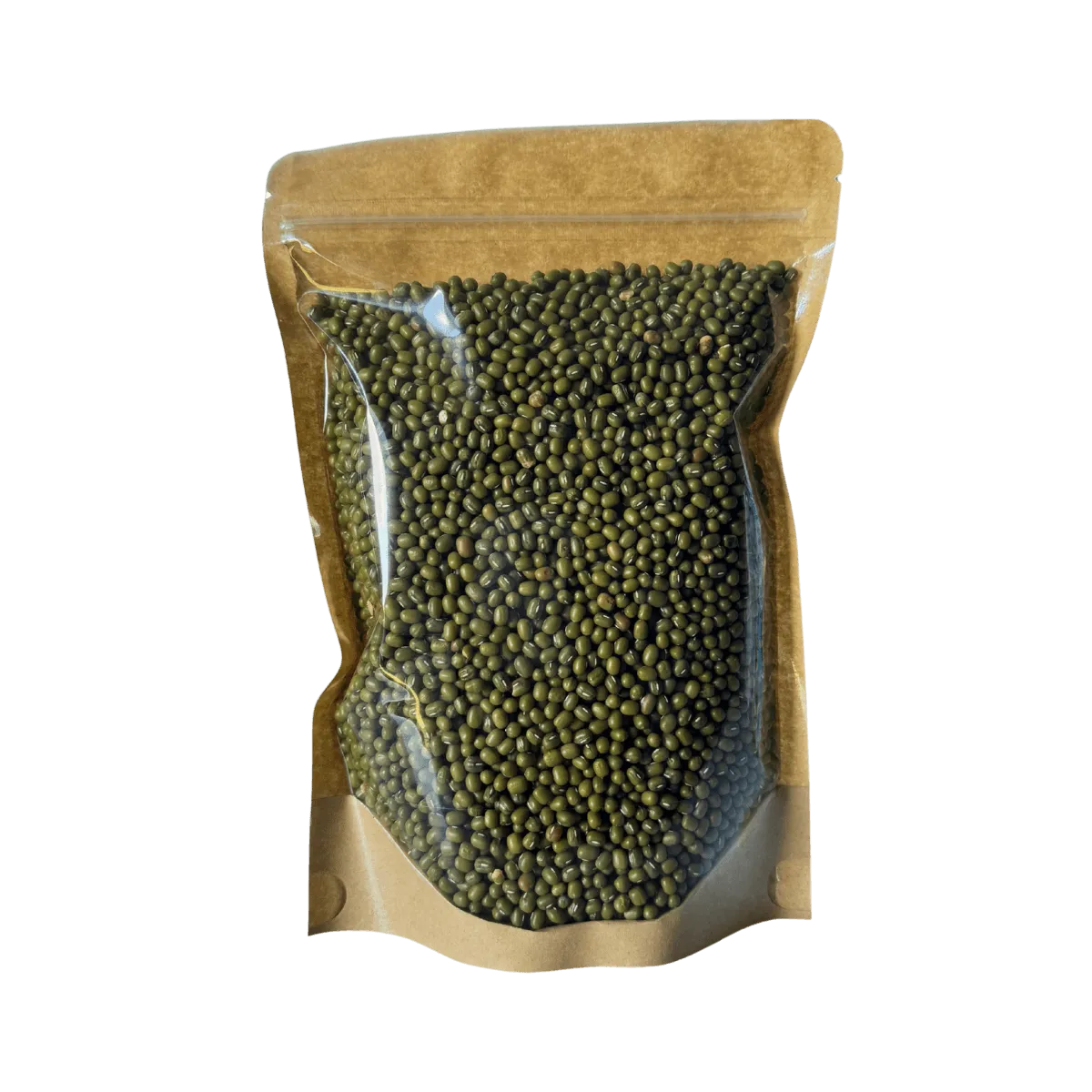 A bag of mung beans displayed against a solid white background, emphasizing the product's texture and color.