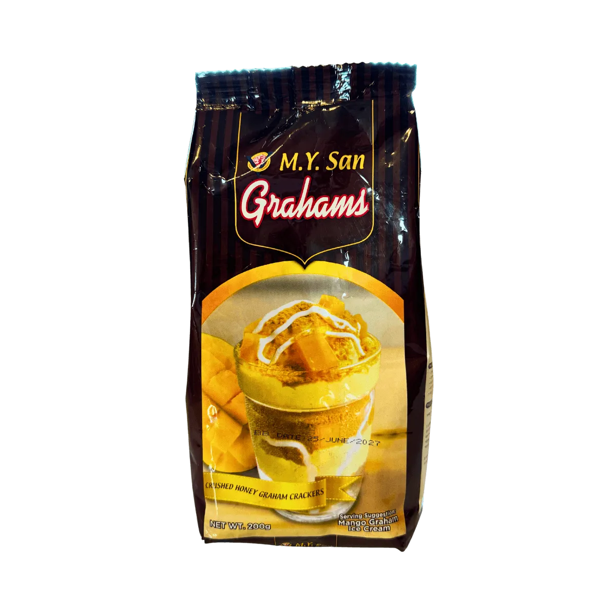 A bag of grahams displayed against a black background, showcasing its colorful packaging and nutritional information.