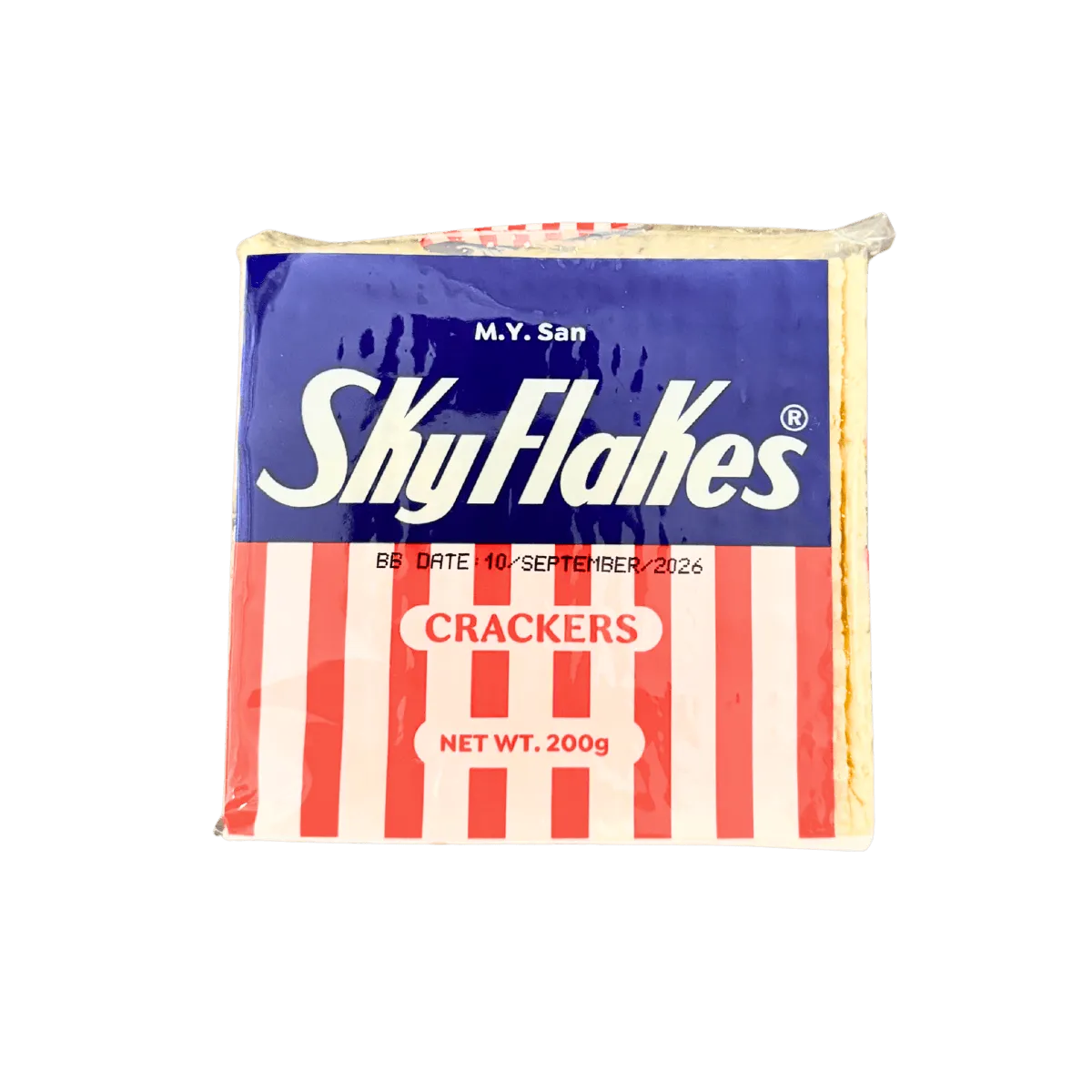 Packaged Sky Flakes crackers in a vibrant bag, showcasing the brand name and product details prominently.