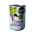 A can of banana blossom placed on a green leaf, showcasing its natural packaging and vibrant color contrast.