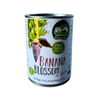 A can of banana blossom placed on a green leaf, showcasing its natural packaging and vibrant color contrast.