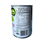 A can of banana blossoms featuring a colorful label with product details and nutritional information.