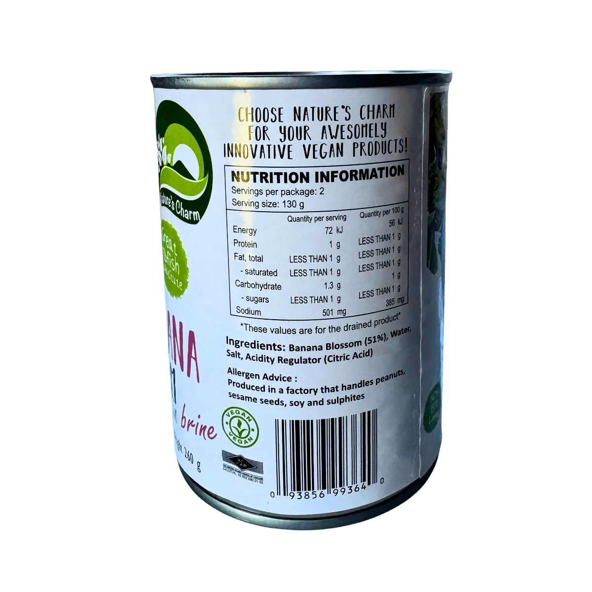 A can of banana blossoms featuring a colorful label with product details and nutritional information.