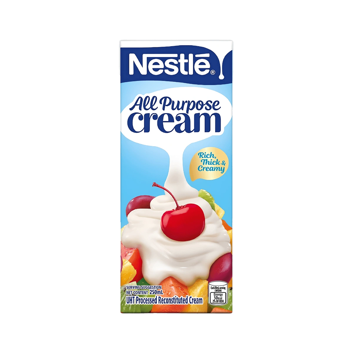 Nestlé All-Purpose Cream packaging, highlighting the brand logo and product description in a clean, modern design.
