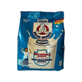 A milk bag with a simple white label, showcasing a standard dairy product packaging.