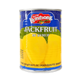 A can of jackfruit in syrup, showcasing the fruit's vibrant yellow color and syrupy texture.
