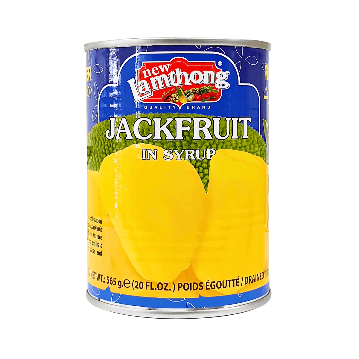 A can of jackfruit in syrup, showcasing the fruit's vibrant yellow color and syrupy texture.
