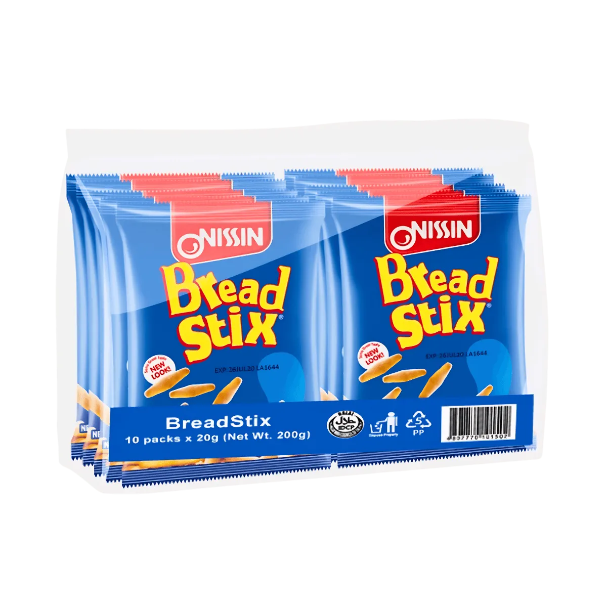10 packs of Nissin bread stix in a transparent pack, displaying the fresh, golden-brown crusts and brand label.