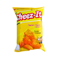 A close-up of a pack of Cheez-It cheese crackers, showcasing the iconic orange packaging and a few crackers scattered around.