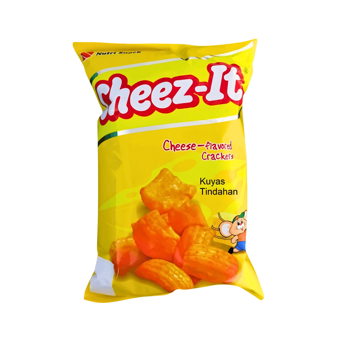 A close-up of a pack of Cheez-It cheese crackers, showcasing the iconic orange packaging and a few crackers scattered around.