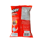 A bag of Moby chocolate corn snack displayed against a black background, showcasing its colorful packaging and branding.