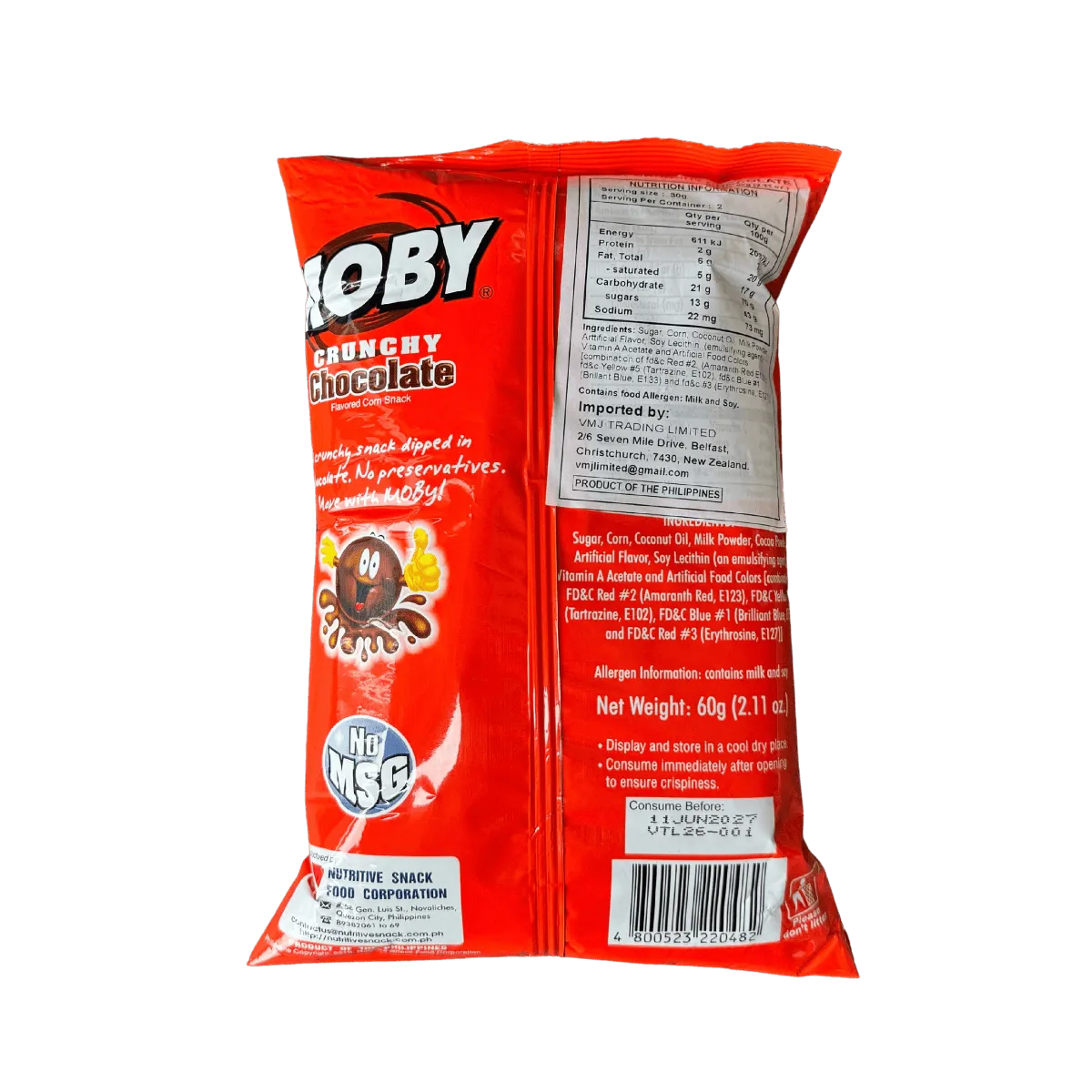 A bag of Moby chocolate corn snack displayed against a black background, showcasing its colorful packaging and branding.