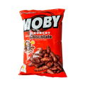 Chocolate-coated corn snack in a clear bag, showcasing their glossy brown coating and round shape.