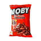 Chocolate-coated corn snack in a clear bag, showcasing their glossy brown coating and round shape.