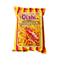 Oishi prawn crackers displayed in a clear bag against a whitebackground, showcasing its vibrant color and texture.