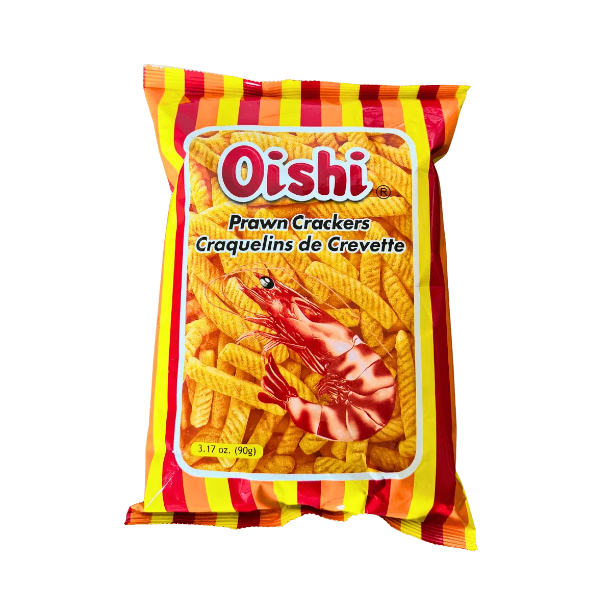 Oishi prawn crackers displayed in a clear bag against a whitebackground, showcasing its vibrant color and texture.