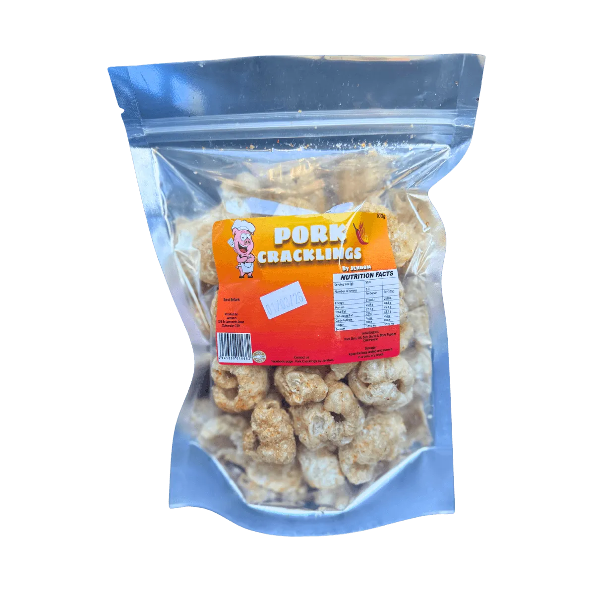 A plastic bag filled with spicy pork cracklings, showcasing its fluffy texture and buttery color.