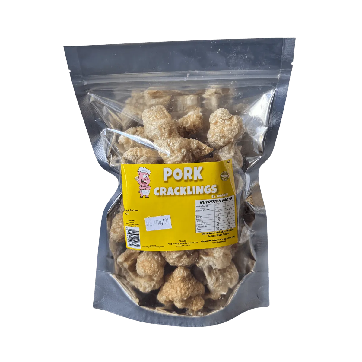 A clear plastic bag filled with golden-brown pork cracklings, highlighting their crunchy texture.