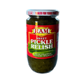 A jar of pickle relish with a green lid, placed on a white background, showcasing its vibrant green contents.