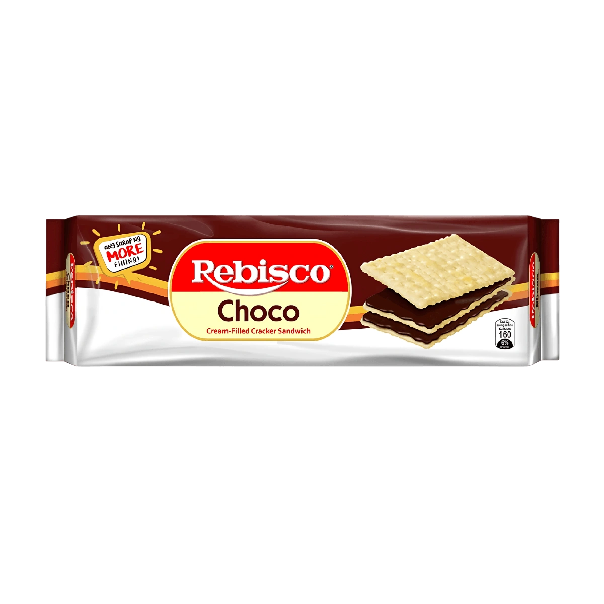 A close-up of Rebisco Choco cracker sandwich, showcasing its rich texture and glossy surface.