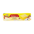 A packet of Rebisco cream cracker sandwich displayed against a black background, showcasing its branding and product details.