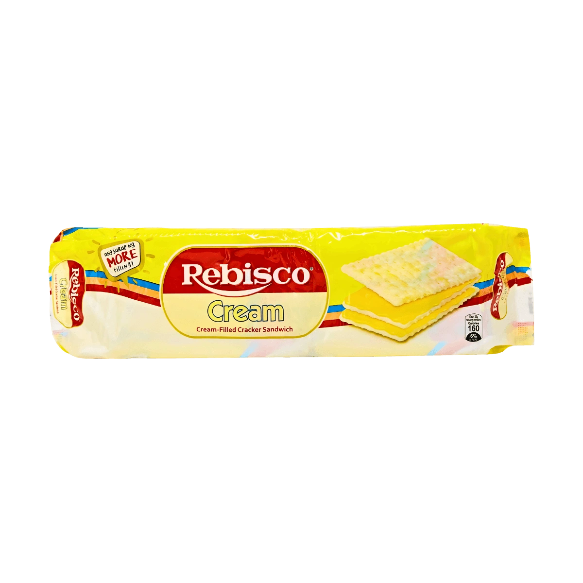 A packet of Rebisco cream cracker sandwich displayed against a black background, showcasing its branding and product details.