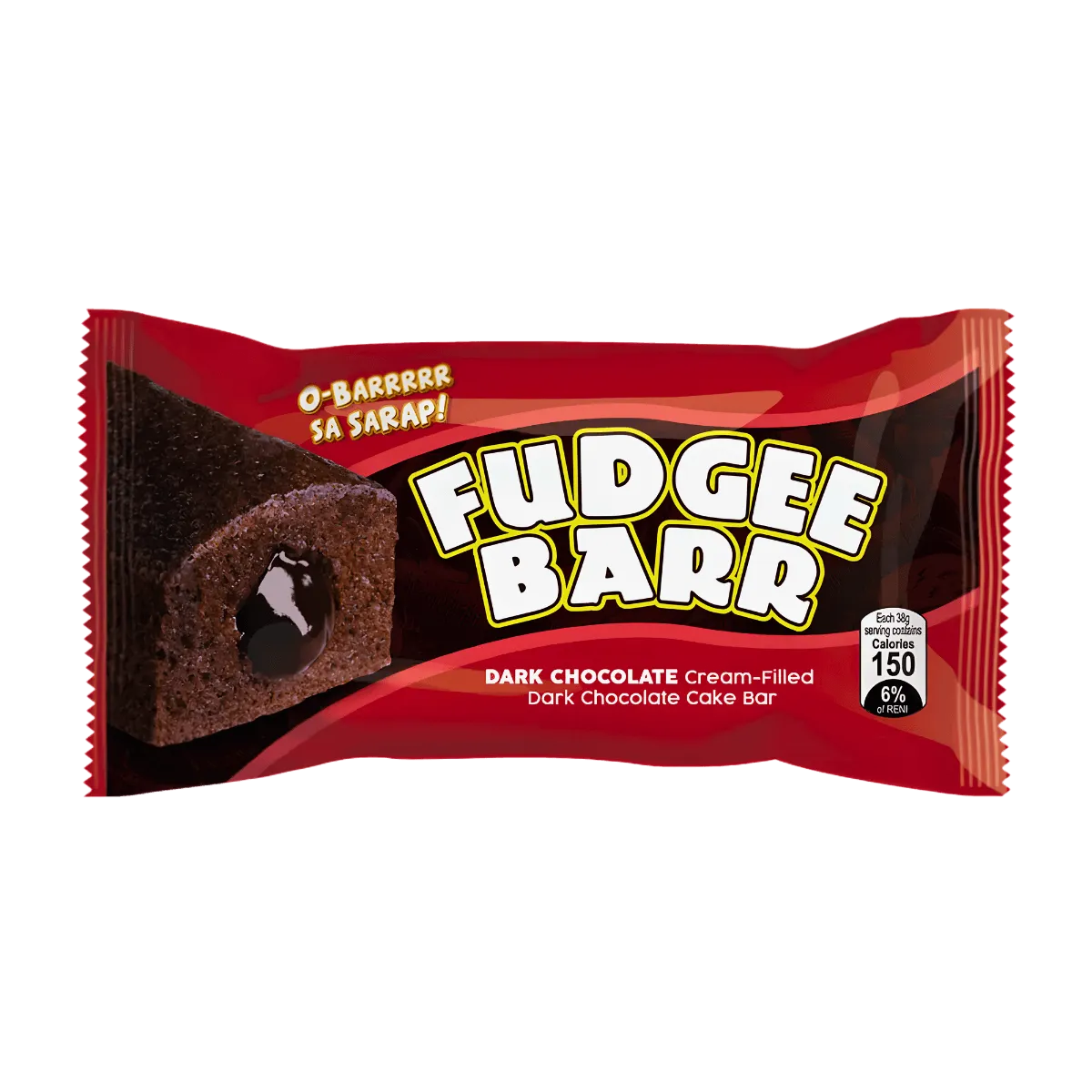 A Fudgee Barr chocolate bar, featuring a rich chocolate coating and a creamy fudge center, displayed on a white background.