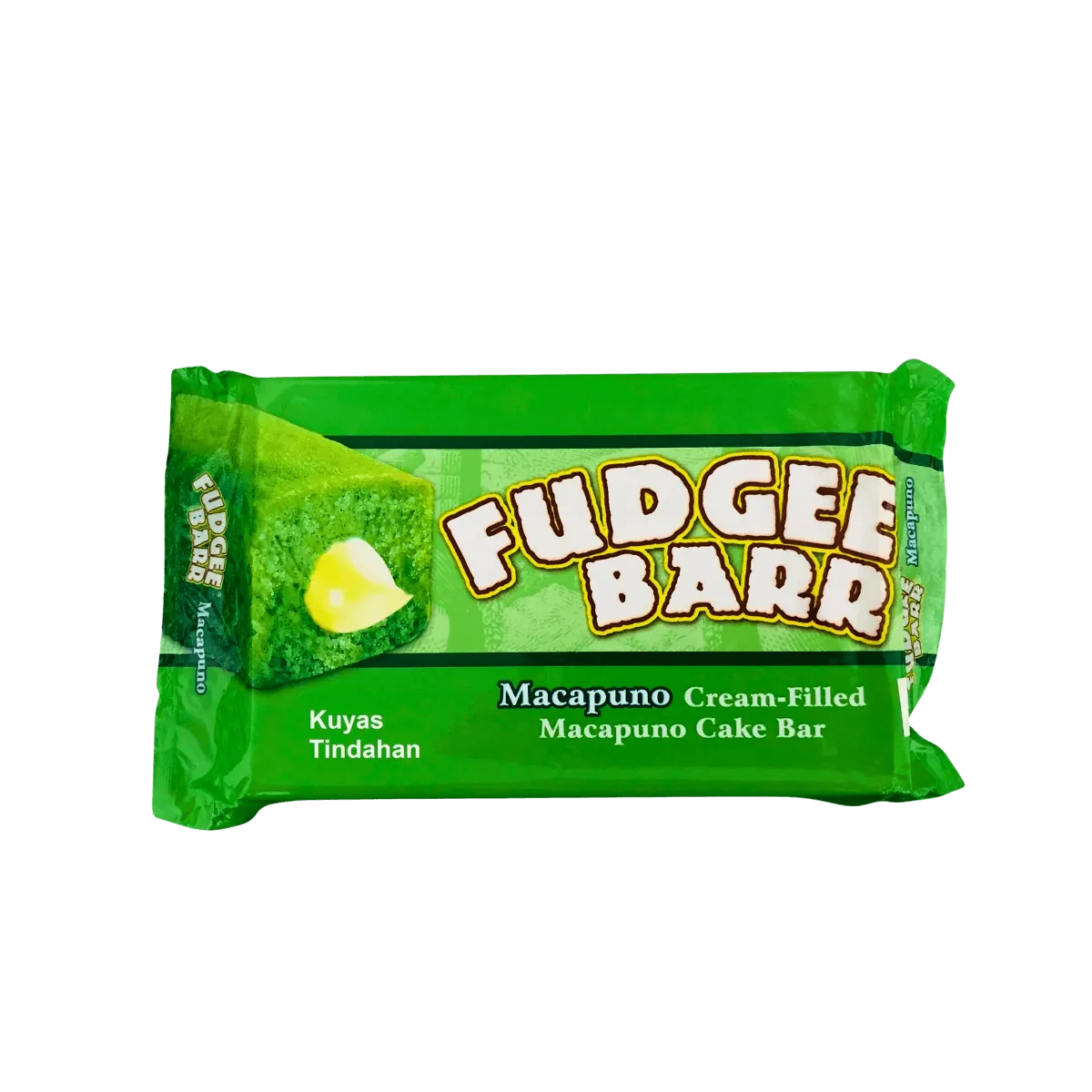 Macapuno flavor fudgee barr packaging, featuring a vibrant green design and product details prominently displayed.