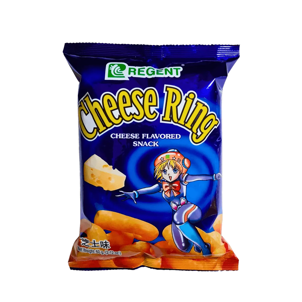 A bag of cheese ring snacks featuring a playful cartoon character on the front.