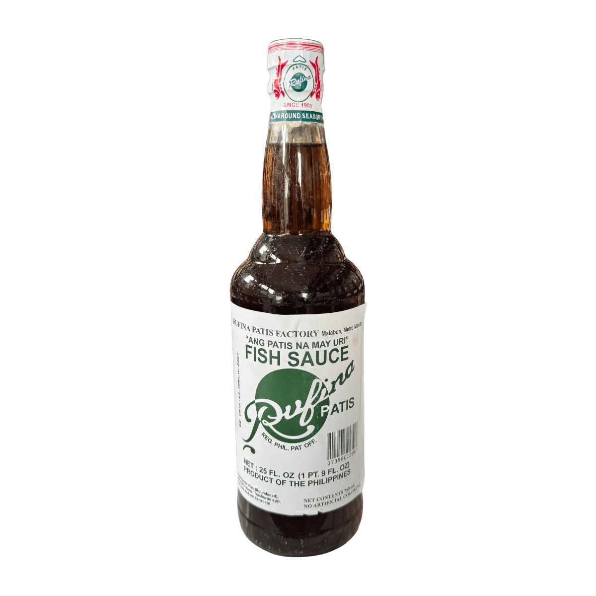 A bottle of fish sauce featuring a green label, showcasing its brand and flavor information prominently.