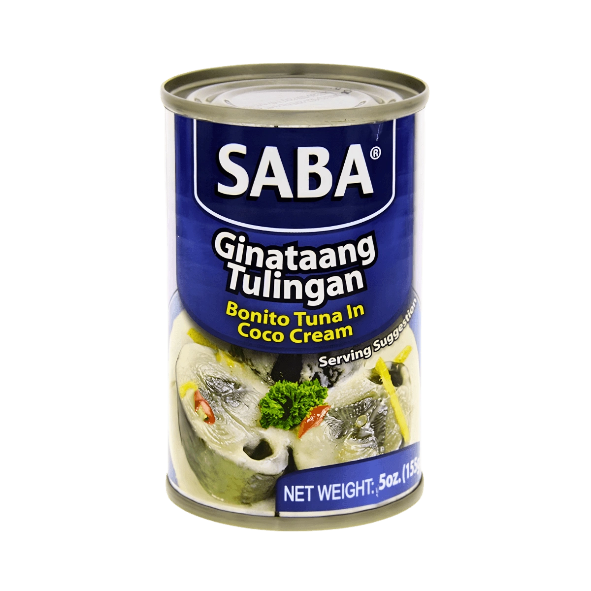 A can of Saba Ginataang Tulingan featuring rich coconut cream, topped with fresh herbs.