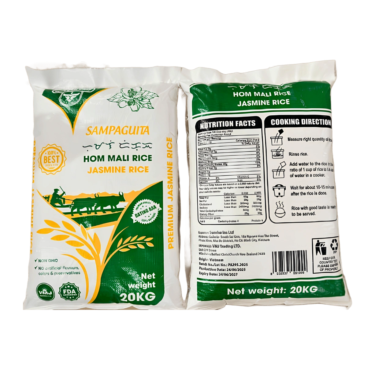 20kg sack of Sampaguita Jasmine Rice, featuring a colorful design and clear labeling of the product name and weight.