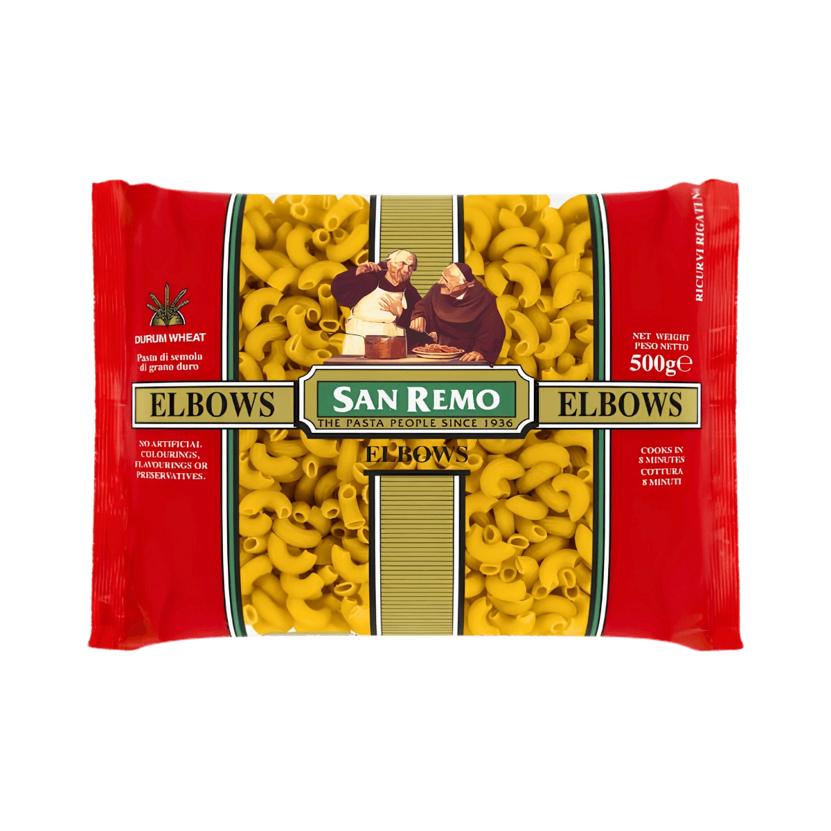 A package of San Remo elbows pasta featuring the brand name prominently displayed on the front.
