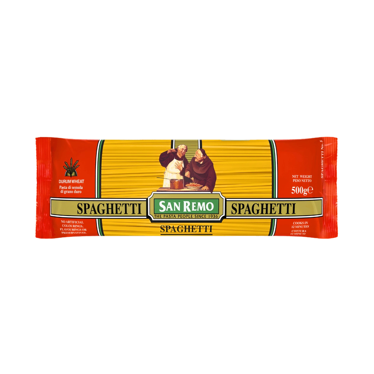 A package of San Remo spaghetti featuring the brand name prominently displayed on the front.
