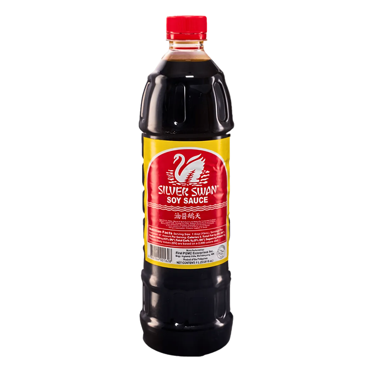 A sleek bottle of black soy sauce set on a black backdrop, emphasizing its dark color.
