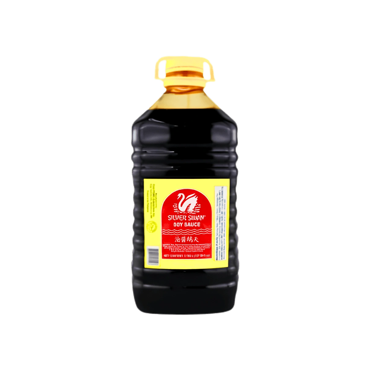 A bottle of soy sauce with a dark label, positioned against a black background.