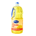 A bottle of pure canola oil, showcasing its golden color and smooth texture, placed on a wooden surface.