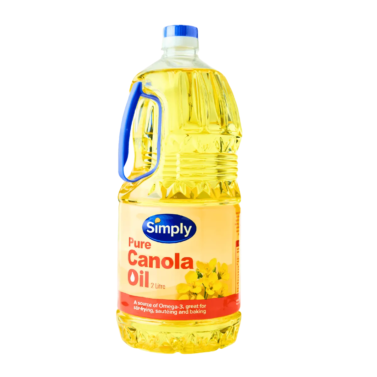 A bottle of pure canola oil, showcasing its golden color and smooth texture, placed on a wooden surface.