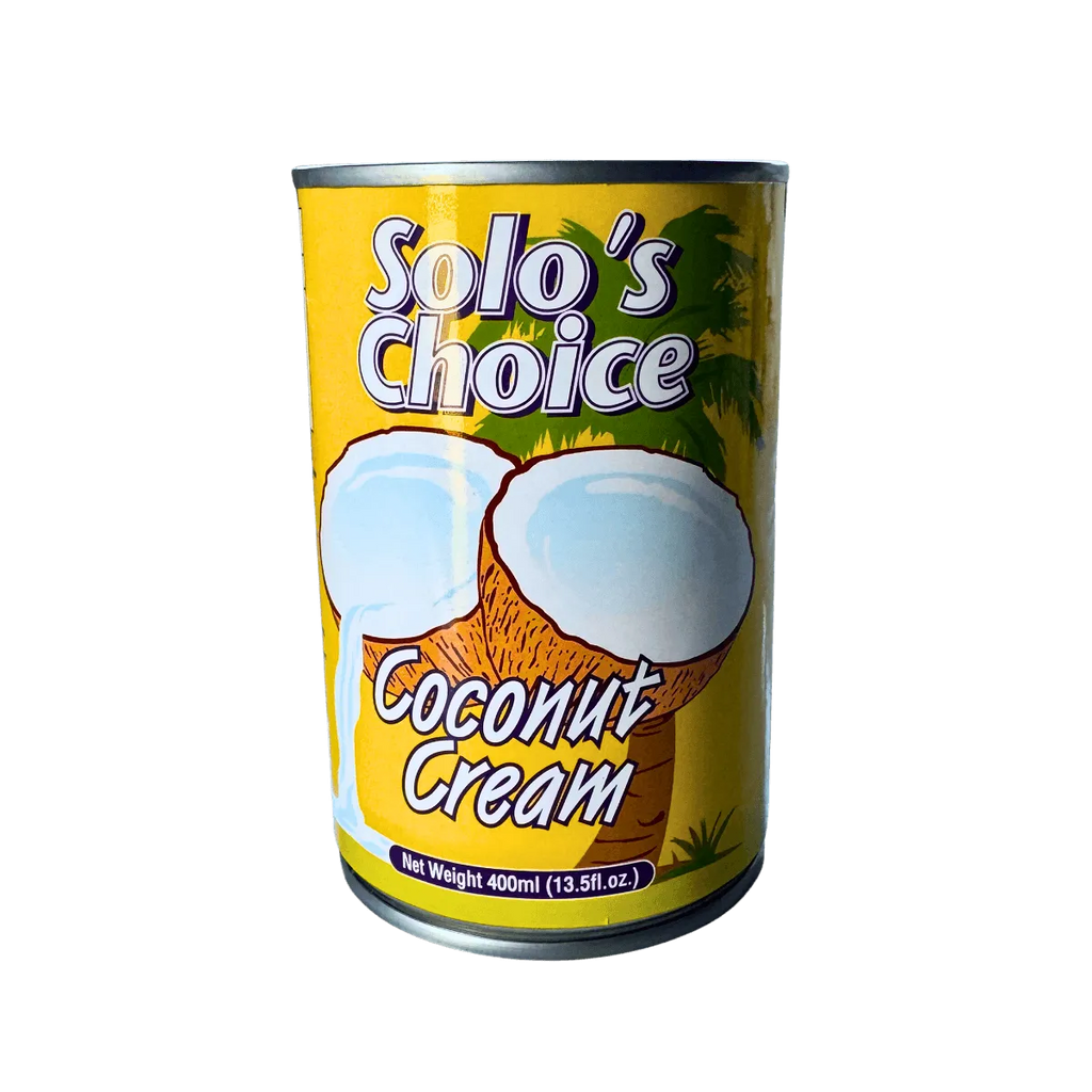 A can of coconut cream labeled "Solo's Choice," featuring a simple design and vibrant colors.