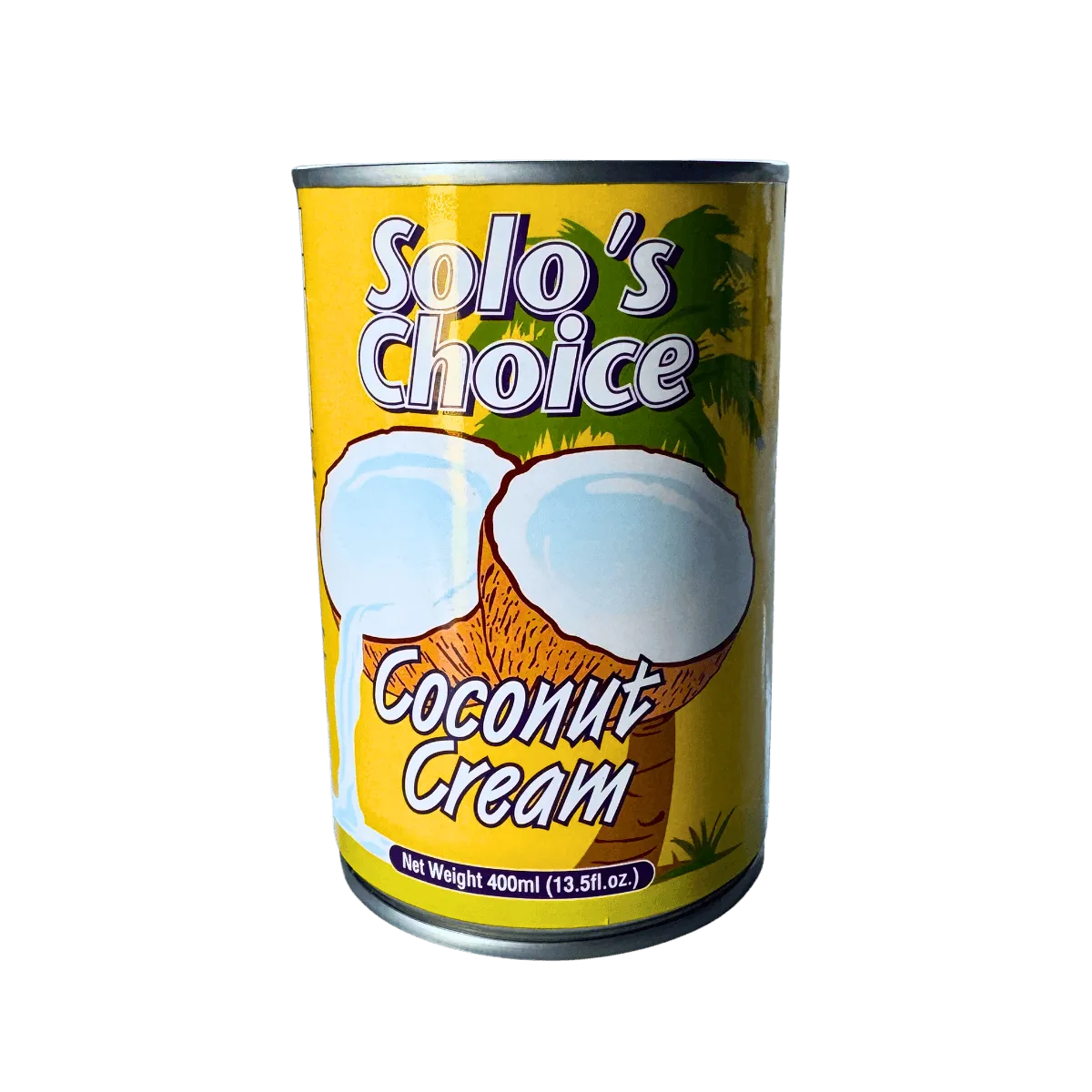 A can of coconut cream labeled "Solo's Choice," featuring a simple design and vibrant colors.