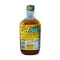 A bottle of Filipino vinegar stands upright against a black background, showcasing its vibrant yellow color.