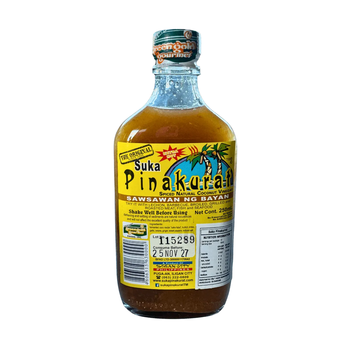 A bottle of Filipino vinegar stands upright against a black background, showcasing its vibrant yellow color.