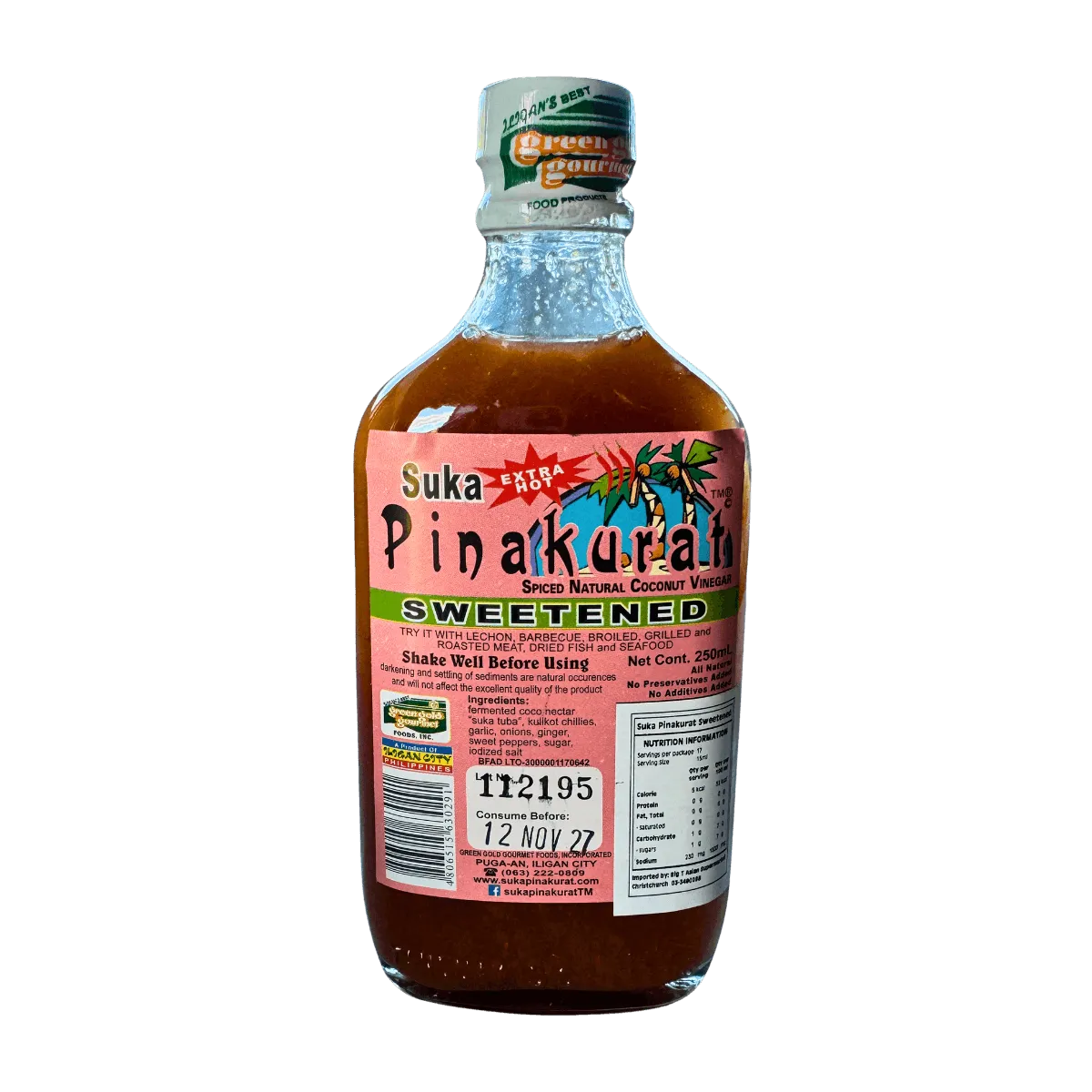 Sweetened Filipino vinegar bottle on a white background, highlighting its bright yellow contents and distinctive packaging.
