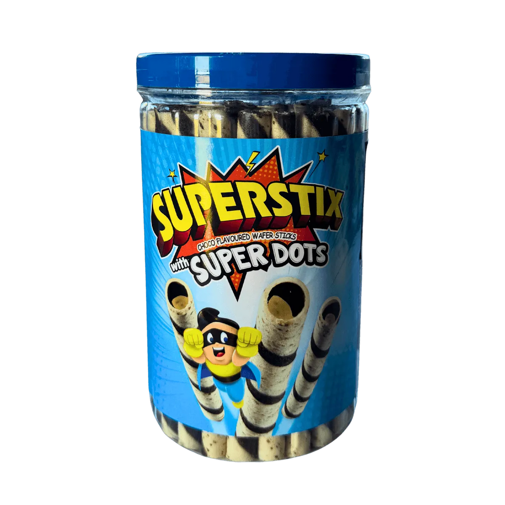 A plastic jar of Superstix Super Dots, showcasing a choco flavored wafer sticks, ideal for snacking.