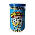A plastic jar of Superstix Super Dots, showcasing a choco flavored wafer sticks, ideal for snacking.