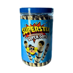 A plastic jar of Superstix Super Dots, showcasing a choco flavored wafer sticks, ideal for snacking.
