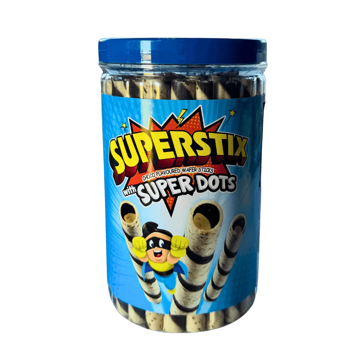 A plastic jar of Superstix Super Dots, showcasing a choco flavored wafer sticks, ideal for snacking.