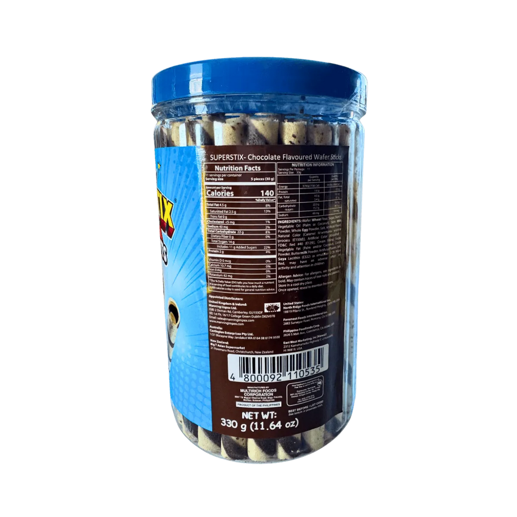A jar filled with chocolate flavoured wafer sticks, showcasing their glossy coating and twisted shapes.