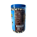 A jar filled with chocolate flavoured wafer sticks, showcasing their glossy coating and twisted shapes.