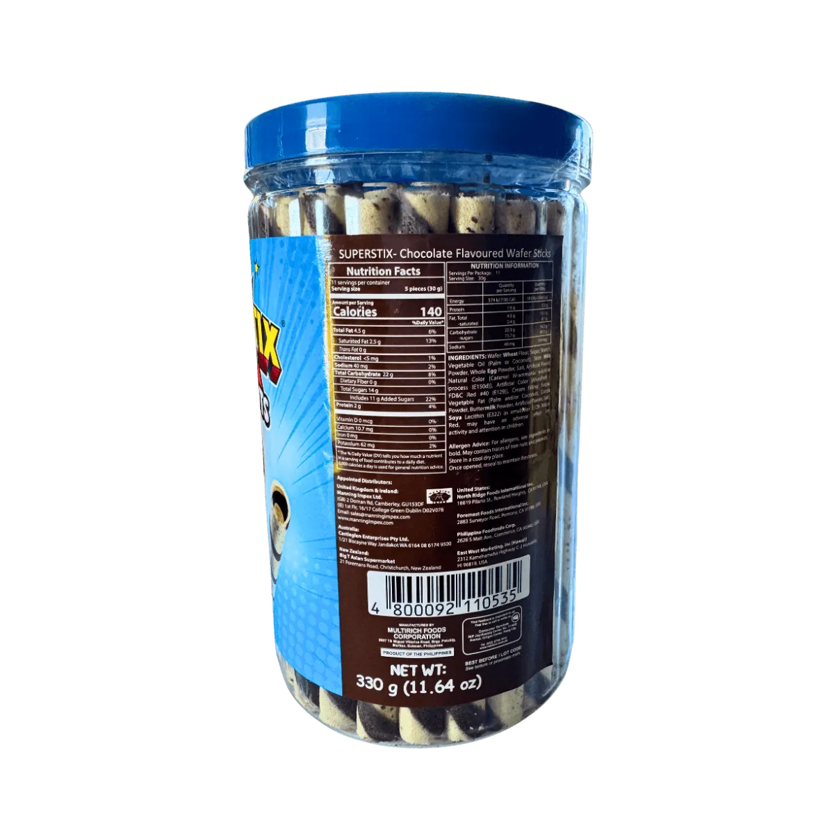 A jar filled with chocolate flavoured wafer sticks, showcasing their glossy coating and twisted shapes.
